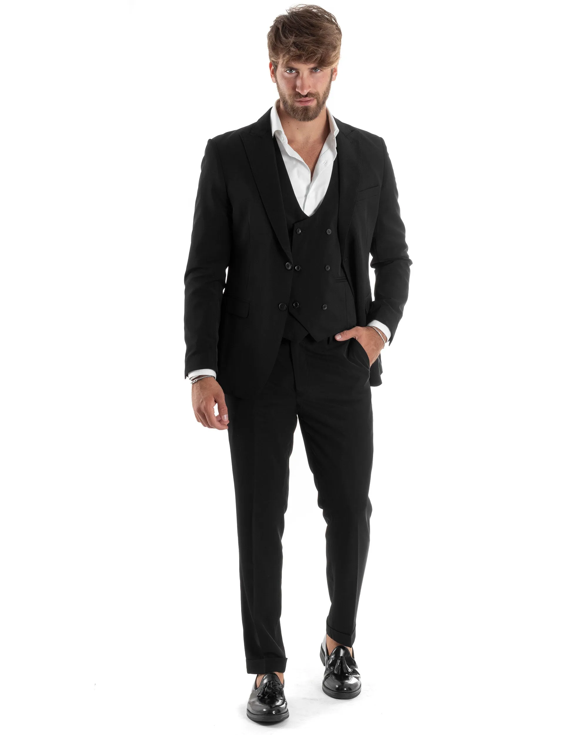 Abito Uomo Monopetto Vestito 3 Pezzi Completo Giacca Pantaloni Panciotto Elegante Sartoriale Nero GIOSAL-AE1067A