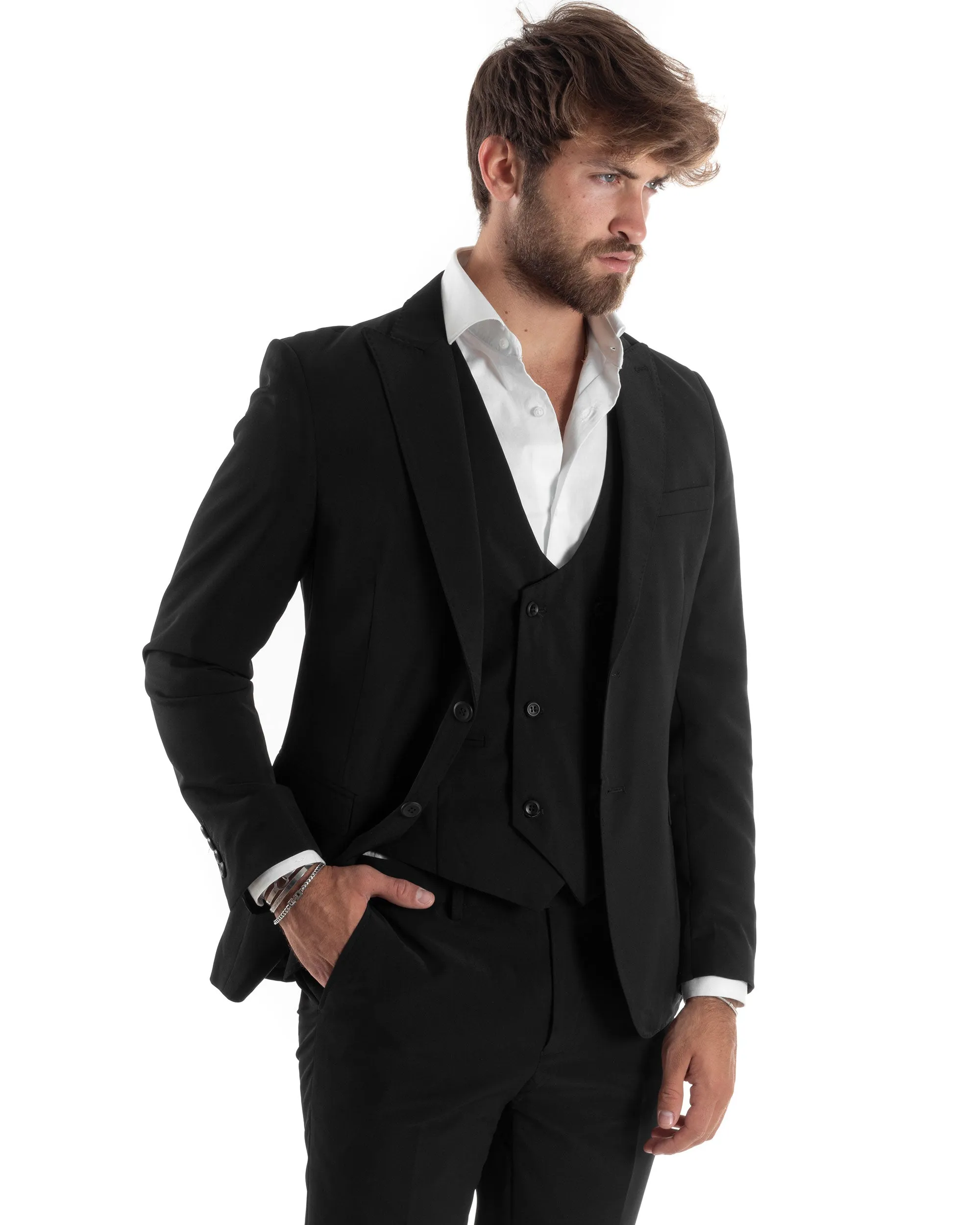 Abito Uomo Monopetto Vestito 3 Pezzi Completo Giacca Pantaloni Panciotto Elegante Sartoriale Nero GIOSAL-AE1067A