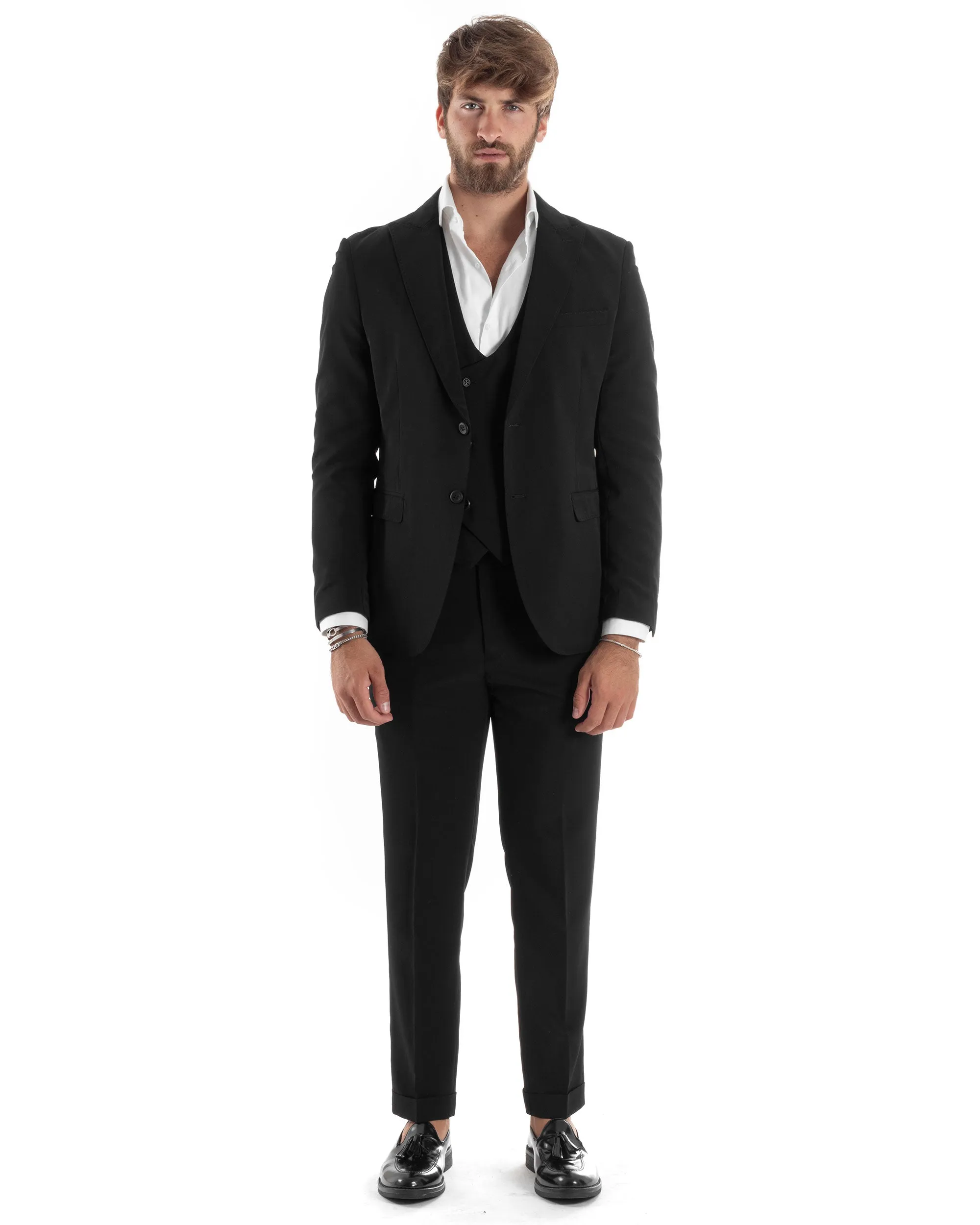 Abito Uomo Monopetto Vestito 3 Pezzi Completo Giacca Pantaloni Panciotto Elegante Sartoriale Nero GIOSAL-AE1067A