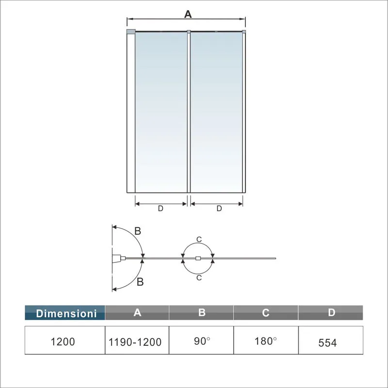 Aica 120x140 cm Sopravasca / Parete Per Vasca Pieghevole a Libro Vetro 4 mm Temperato Trasparente Formato Da 2 Antine Telai Cromati Lucidi