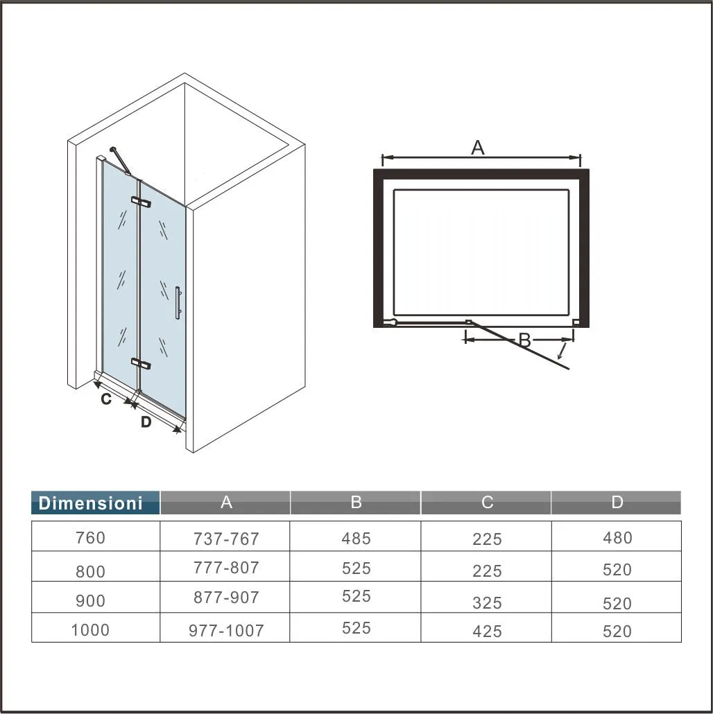 Aica 195cm Box Doccia Per Nicchia Porta Battente Un'Anta Con Barra Stabilizzatrice Vetro Temperato Trasparente Anticalcare Da 6 mm