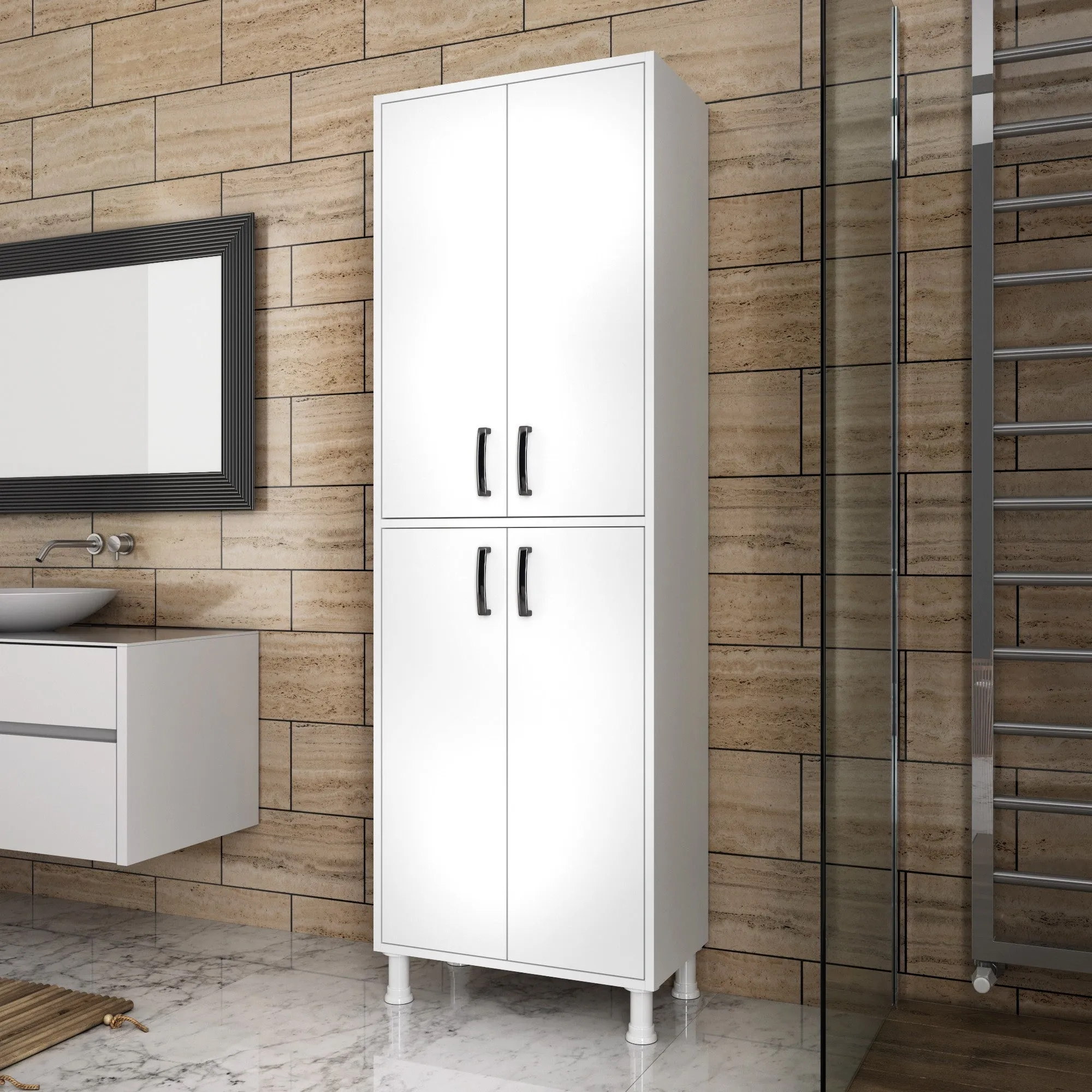 Armadio alto multiuso con 6 ripiani e 4 ante in legno colore bianco cm 63x36x191h