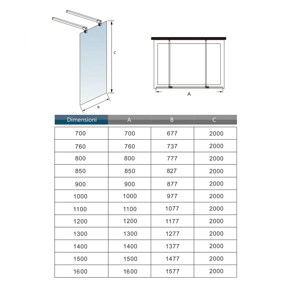 Box Doccia Walk In Parete Fissa in Vetro Temperato da 10mm Trasparente Anticalcare con Doppia Barra Stabilizzatrice da 140cm tagliabile