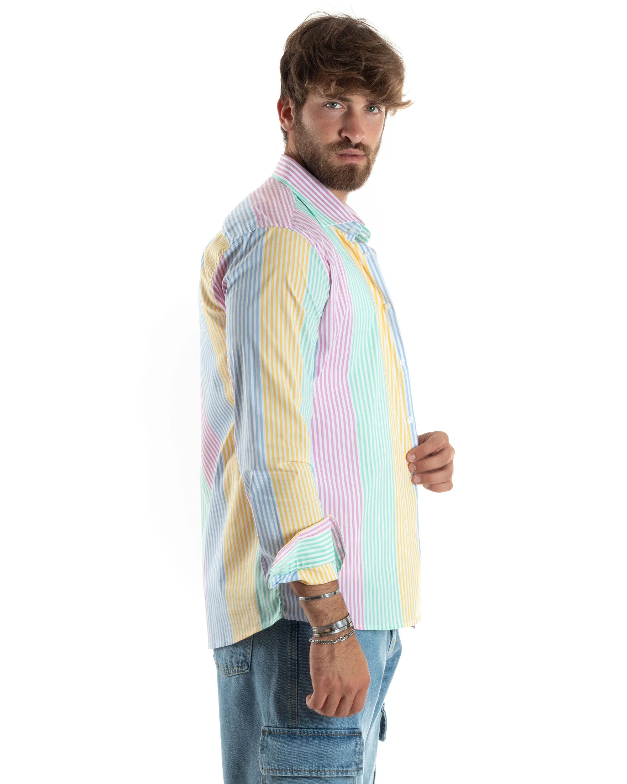 Camicia Maniche Lunghe Uomo Cotone Regular Fit Fantasia A Riga Collo Francese Striped Multicolor Casual GIOSAL-C2873A