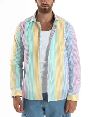 Camicia Maniche Lunghe Uomo Cotone Regular Fit Fantasia A Riga Collo Francese Striped Multicolor Casual GIOSAL-C2873A