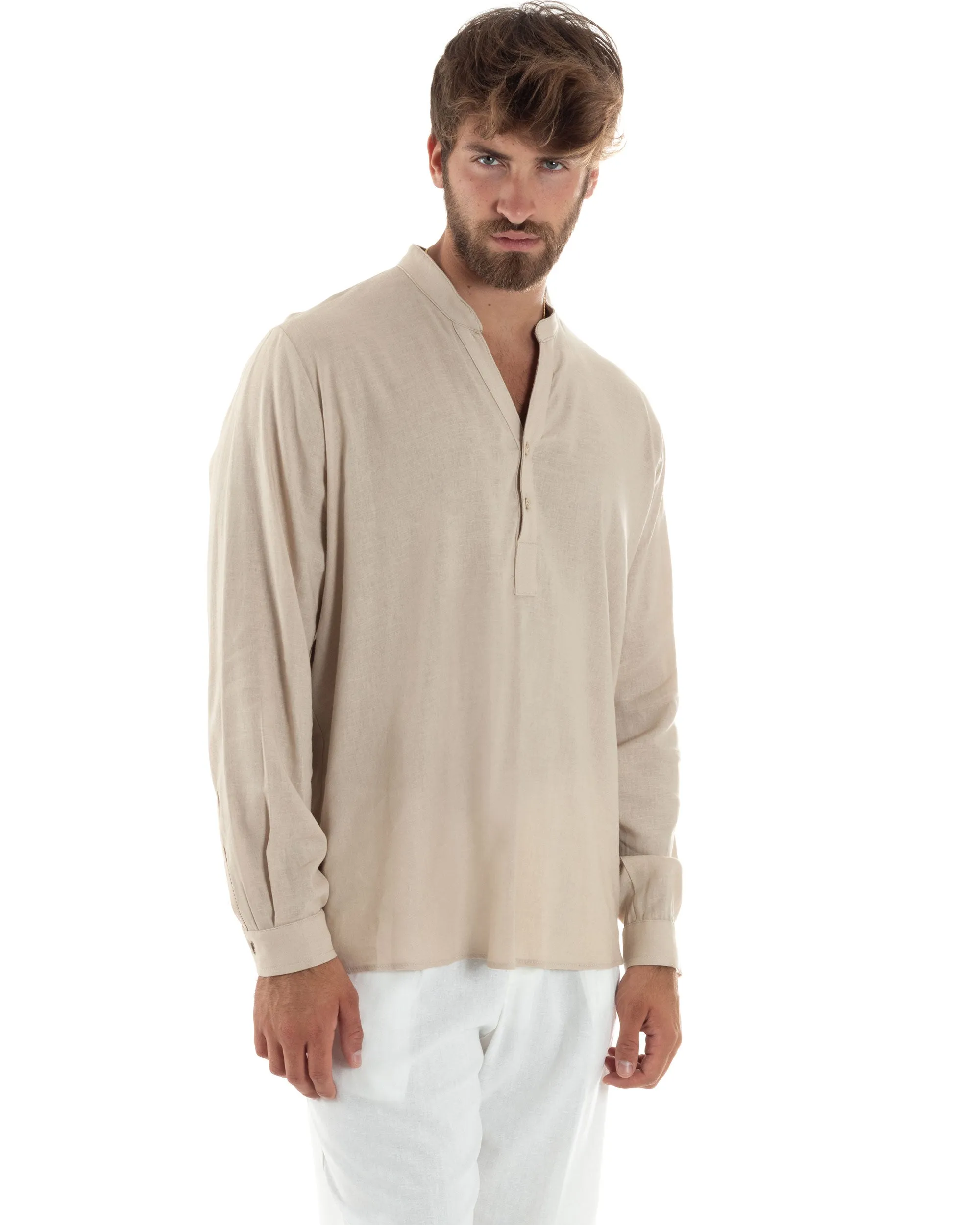 Camicia Maniche Lunghe Uomo Lino Regular Fit Collo Serafino Alla Coreana Casual Tinta Unita Beige GIOSAL-C2864A