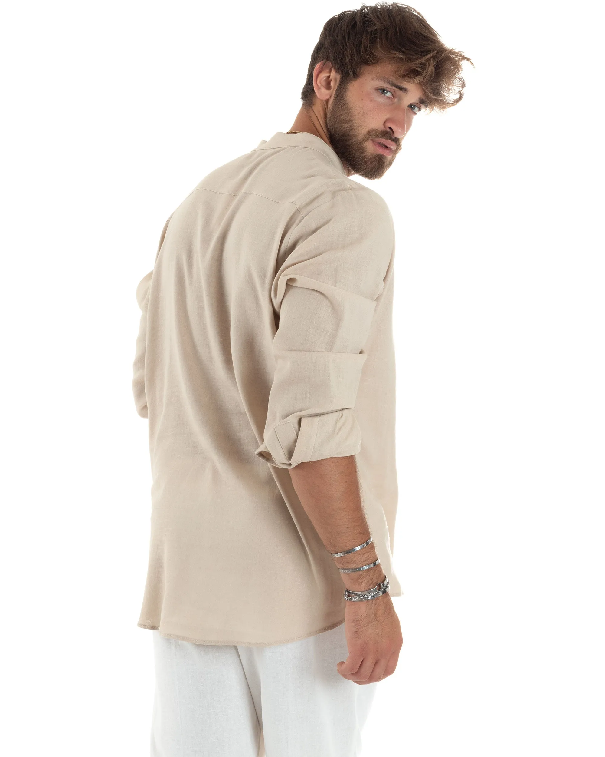 Camicia Maniche Lunghe Uomo Lino Regular Fit Collo Serafino Alla Coreana Casual Tinta Unita Beige GIOSAL-C2864A