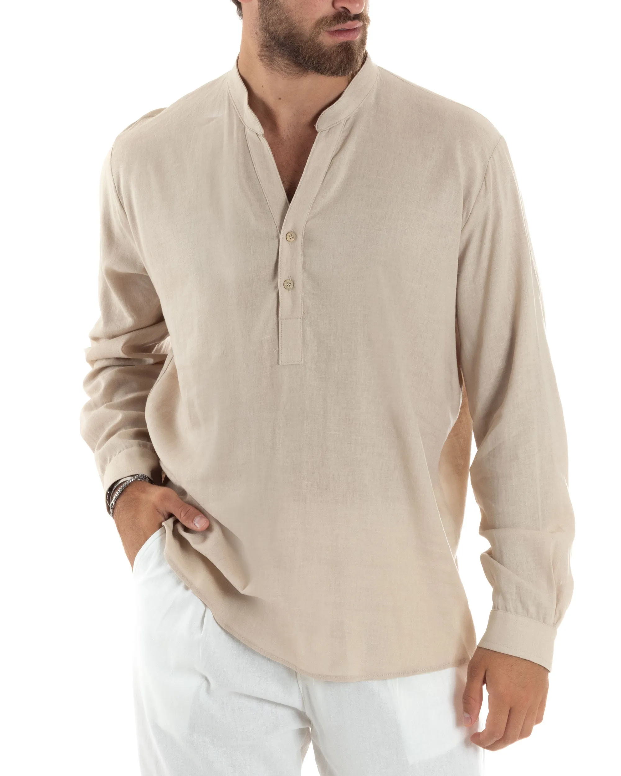 Camicia Maniche Lunghe Uomo Lino Regular Fit Collo Serafino Alla Coreana Casual Tinta Unita Beige GIOSAL-C2864A