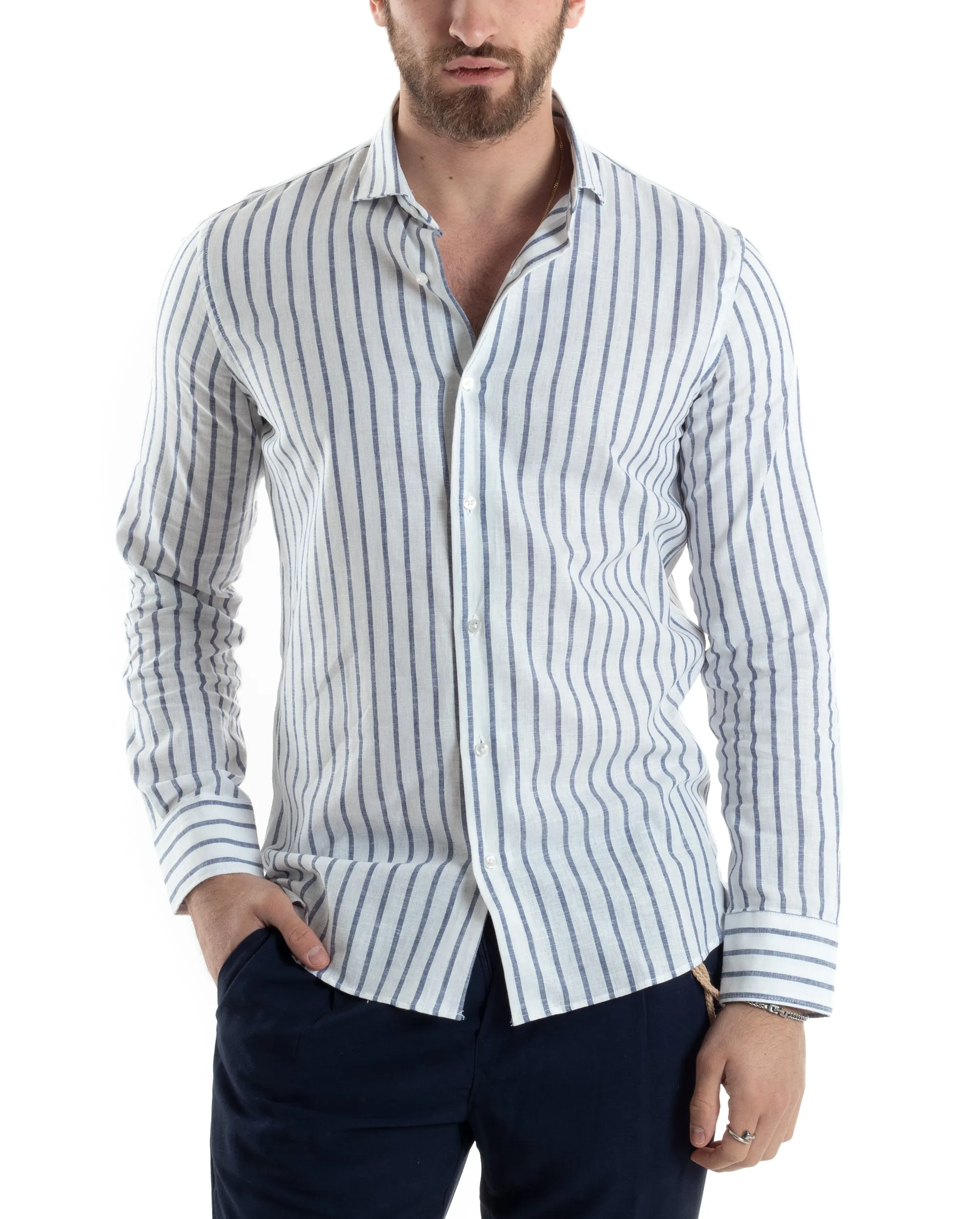 Camicia Uomo Con Colletto Francese Manica Lunga Lino Riga Stretta Casual Blu GIOSAL-C2748A