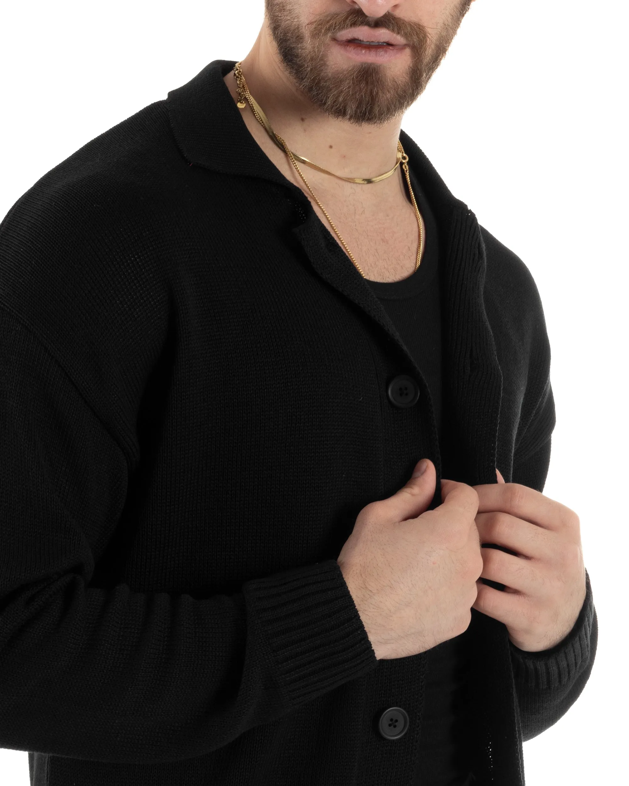 Cardigan Uomo Con Colletto Maglioncino Polo Maglia Giacca Con Bottoni Nero Casual GIOSAL-M2805A