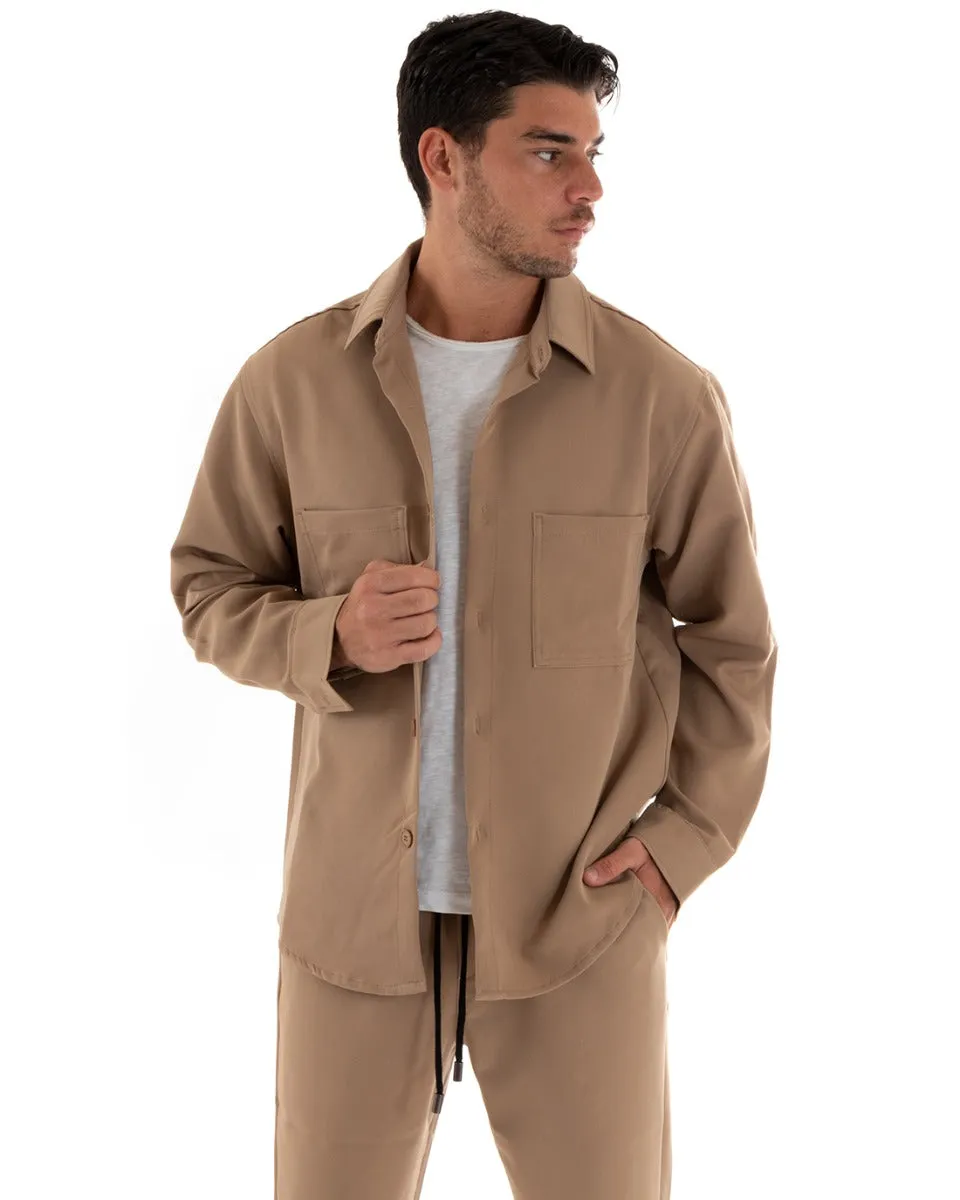 Completo Set Coordinato Uomo Viscosa Camicia Con Colletto Pantaloni Outfit Camel GIOSAL-OU2386A