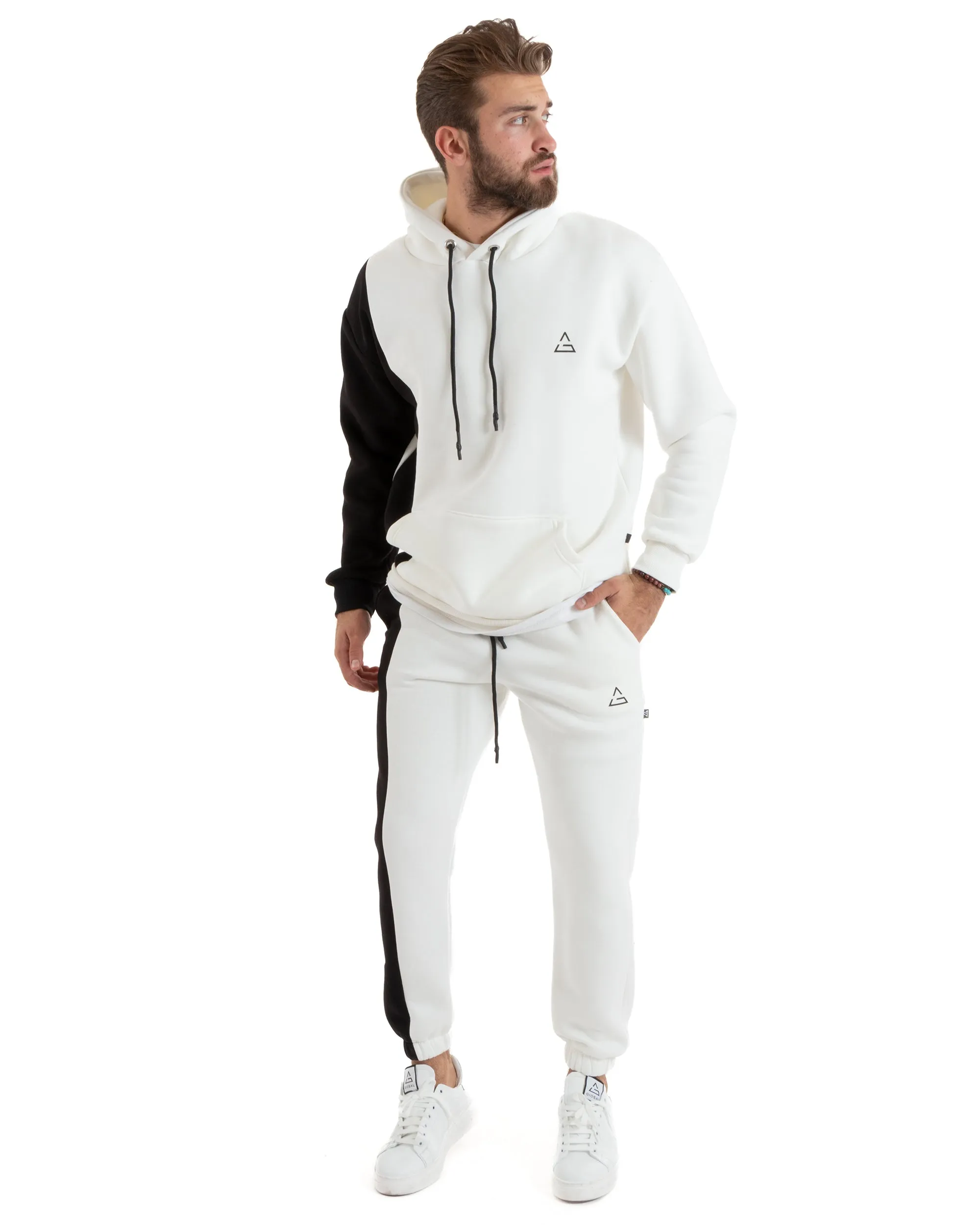 Completo Tuta Uomo Basic Felpa Con Cappuccio Pantaloni Cotone Felpato Tinta Unita Bicolore Bianco GIOSAL-OU2422A