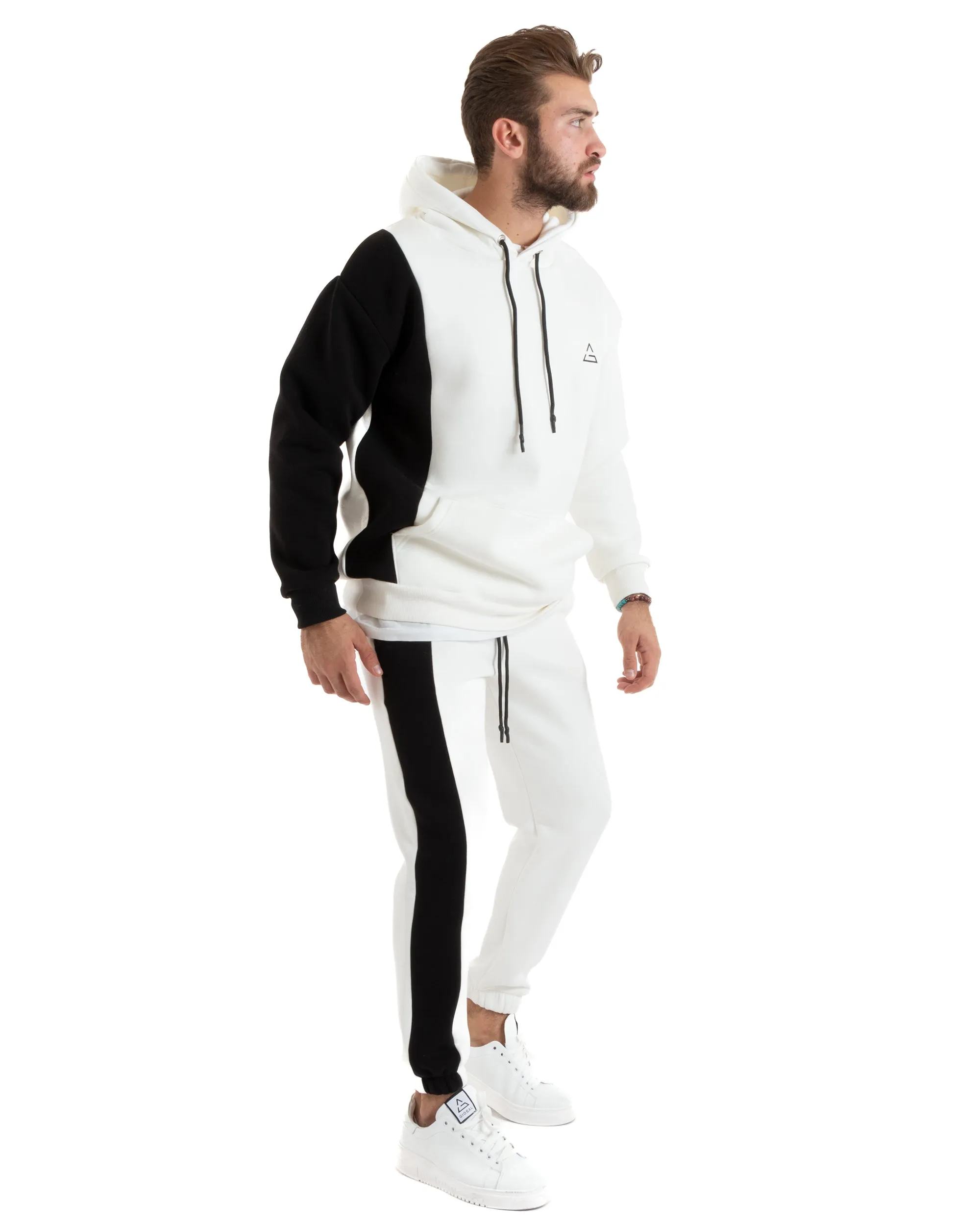 Completo Tuta Uomo Basic Felpa Con Cappuccio Pantaloni Cotone Felpato Tinta Unita Bicolore Bianco GIOSAL-OU2422A