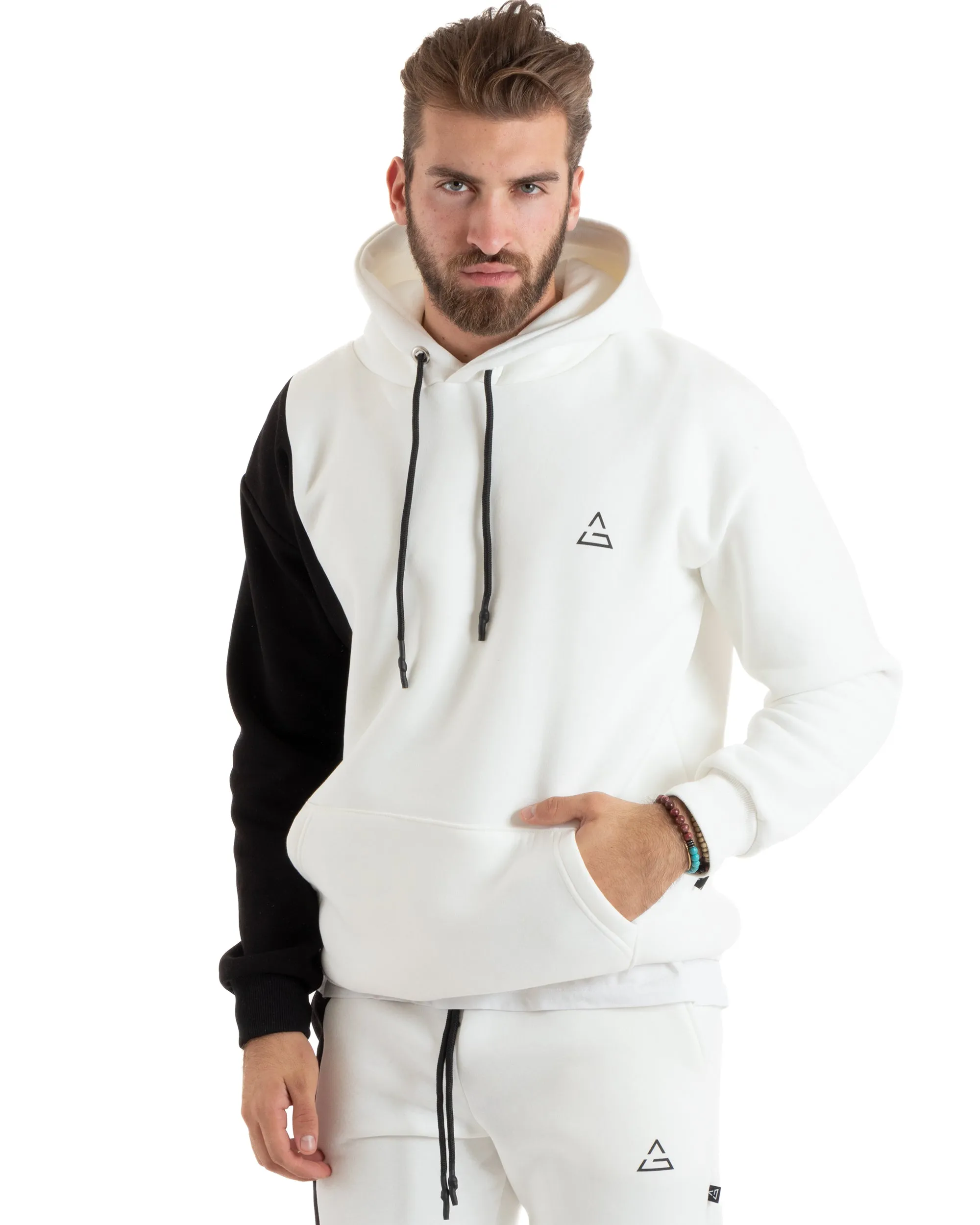 Completo Tuta Uomo Basic Felpa Con Cappuccio Pantaloni Cotone Felpato Tinta Unita Bicolore Bianco GIOSAL-OU2422A