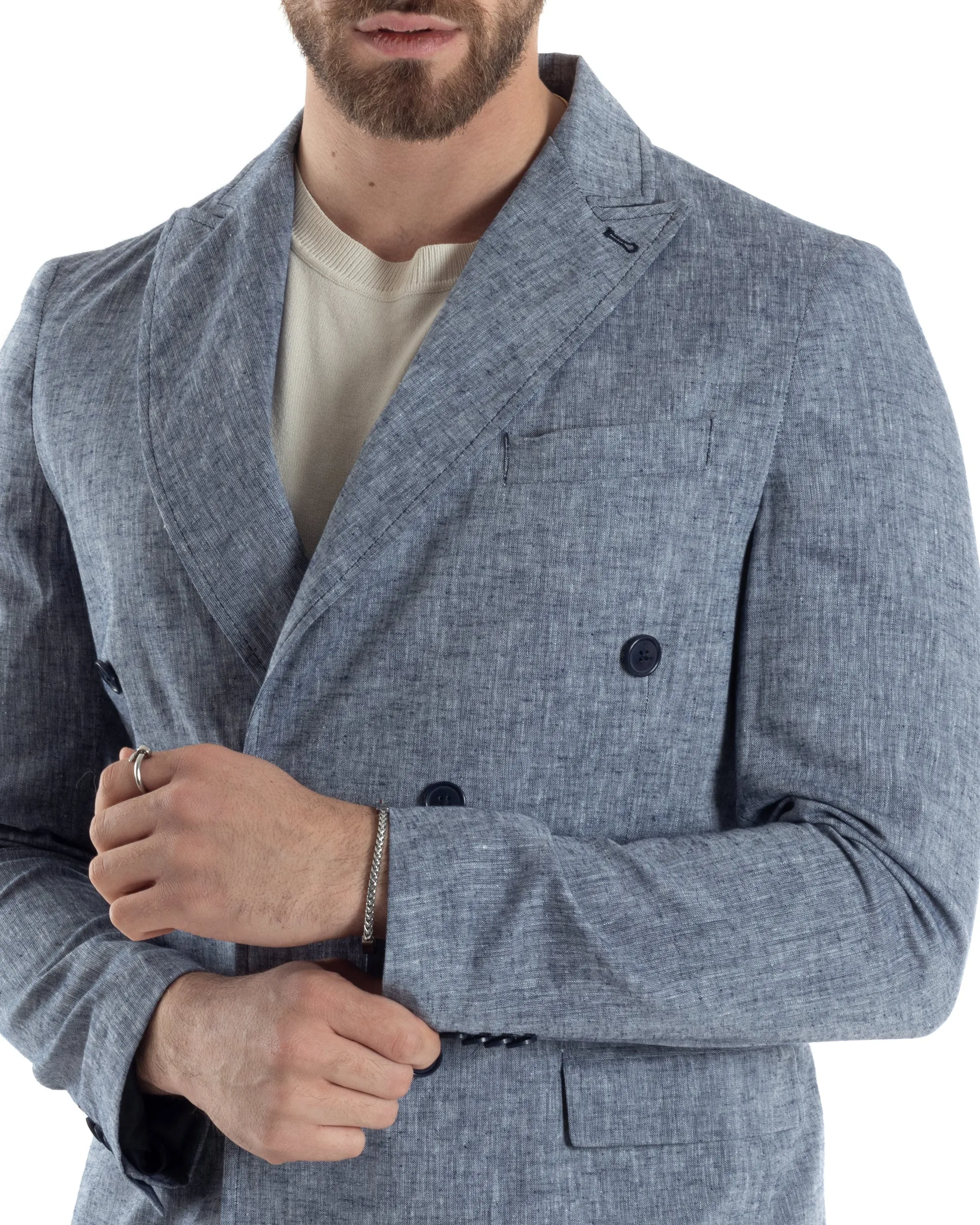 Giacca Uomo Lino Doppiopetto Melangiata Cerimonia Elegante Casual Blu GIOSAL-G3188A