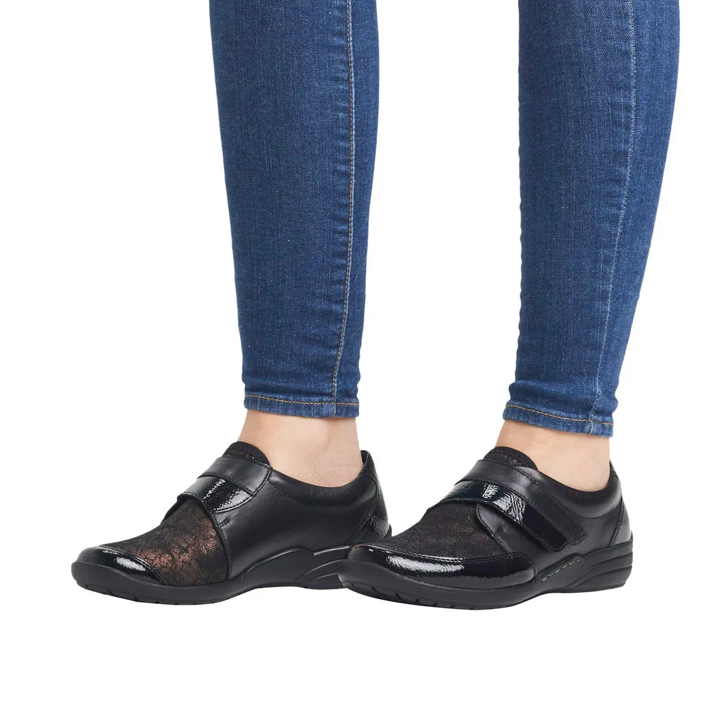 Ladies Strap Over Remonte Shoes Black Patent Mix Wider Fit R7600-03