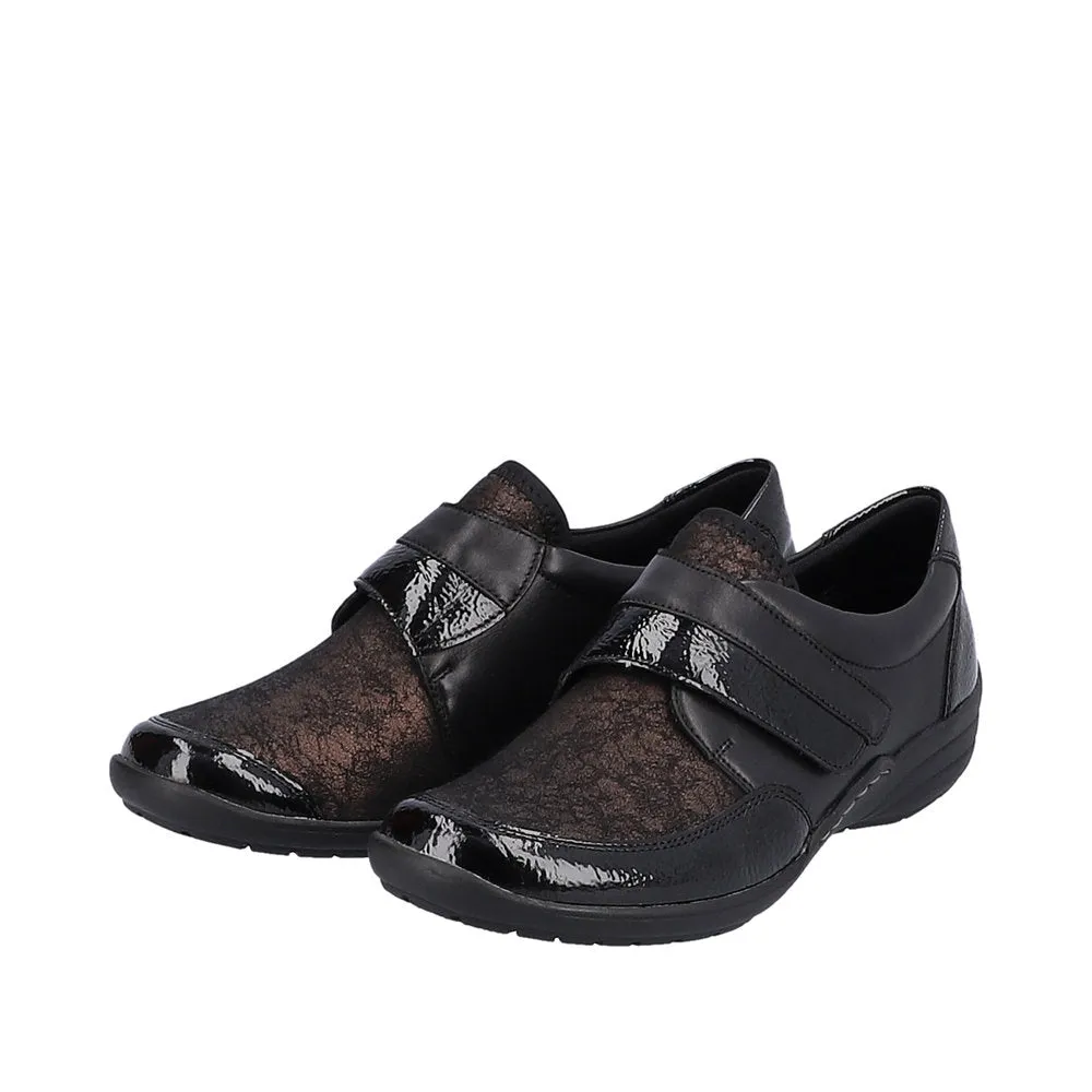 Ladies Strap Over Remonte Shoes Black Patent Mix Wider Fit R7600-03