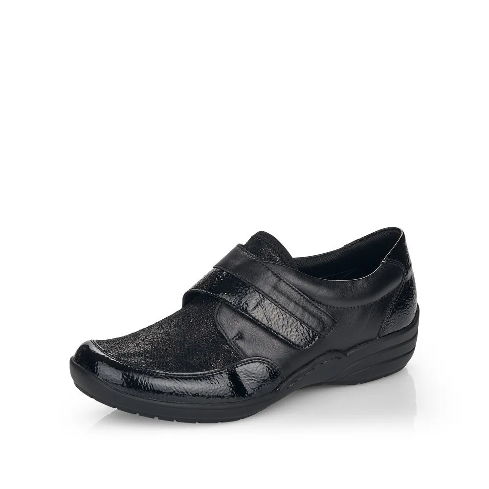 Ladies Strap Over Remonte Trainers Sneakers Black Patent Mix Wider Fit R7600-02