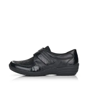 Ladies Strap Over Remonte Trainers Sneakers Black Patent Mix Wider Fit R7600-02