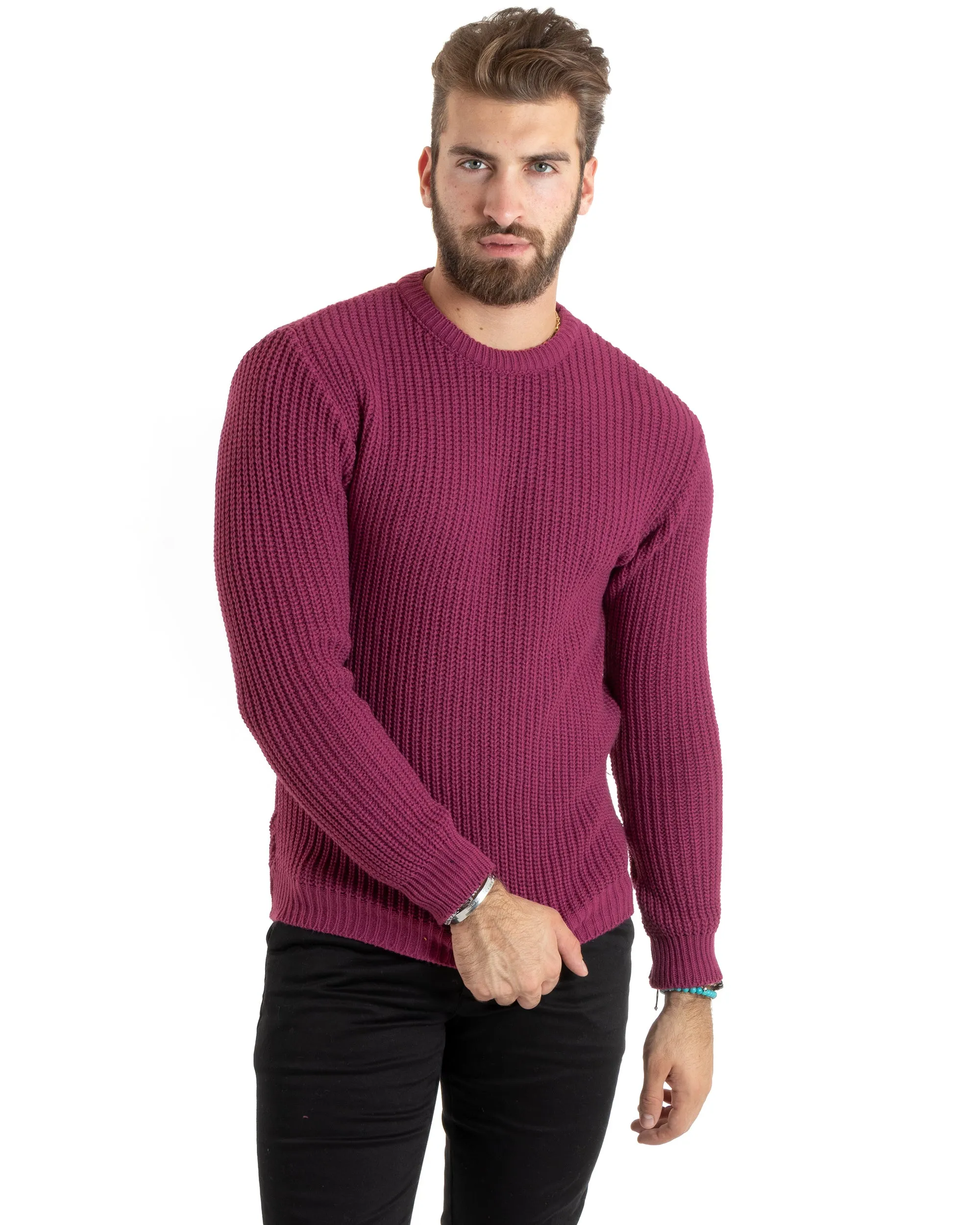 Maglioncino Uomo Girocollo Tinta Unita Magenta Maglia Inglese Basic GIOSAL-M2750A