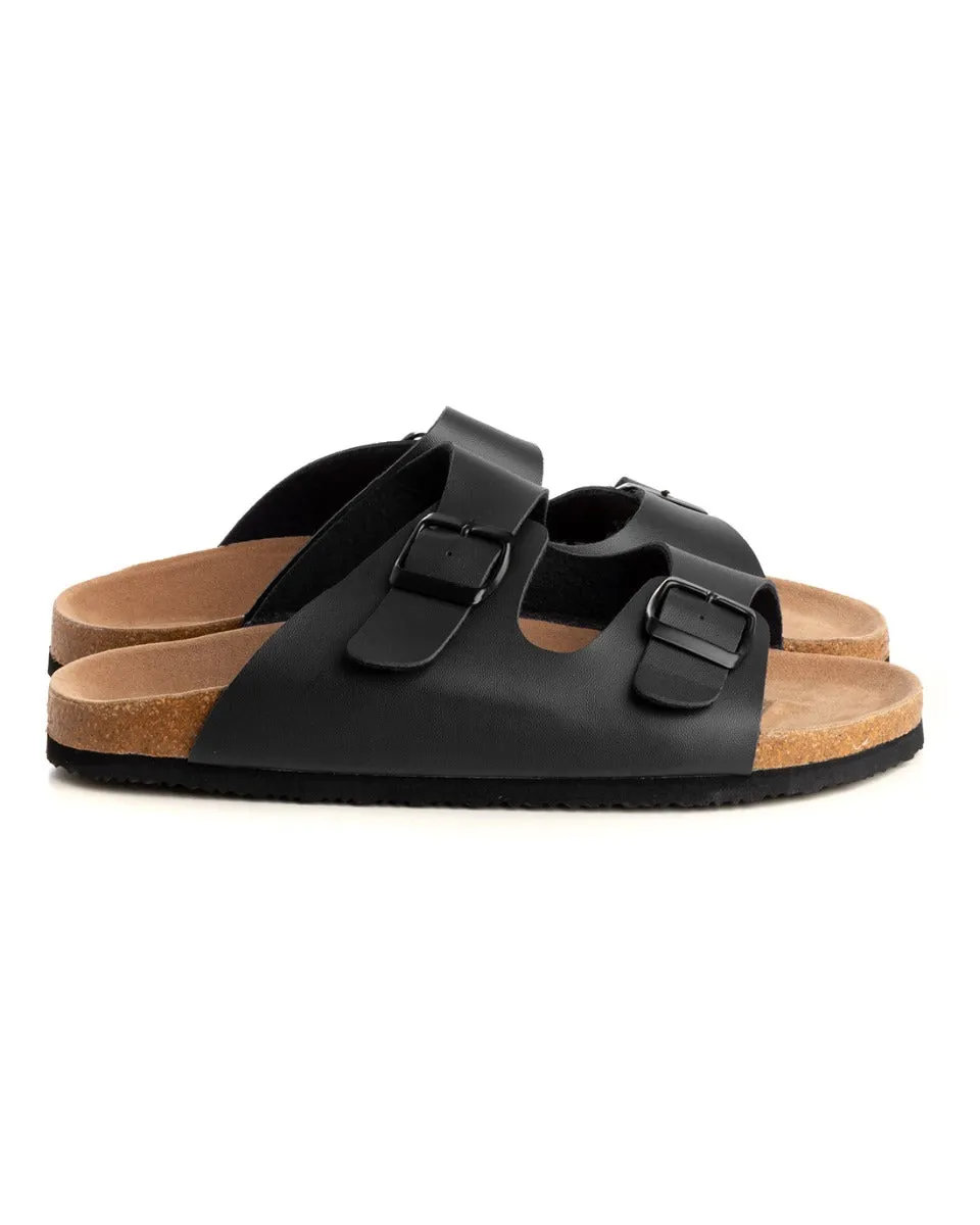 Sandalo Aperto Scarpe Ecopelle Ciabatta Uomo Unisex Sandali Doppia Fibbia Nero GIOSAL-S1203A