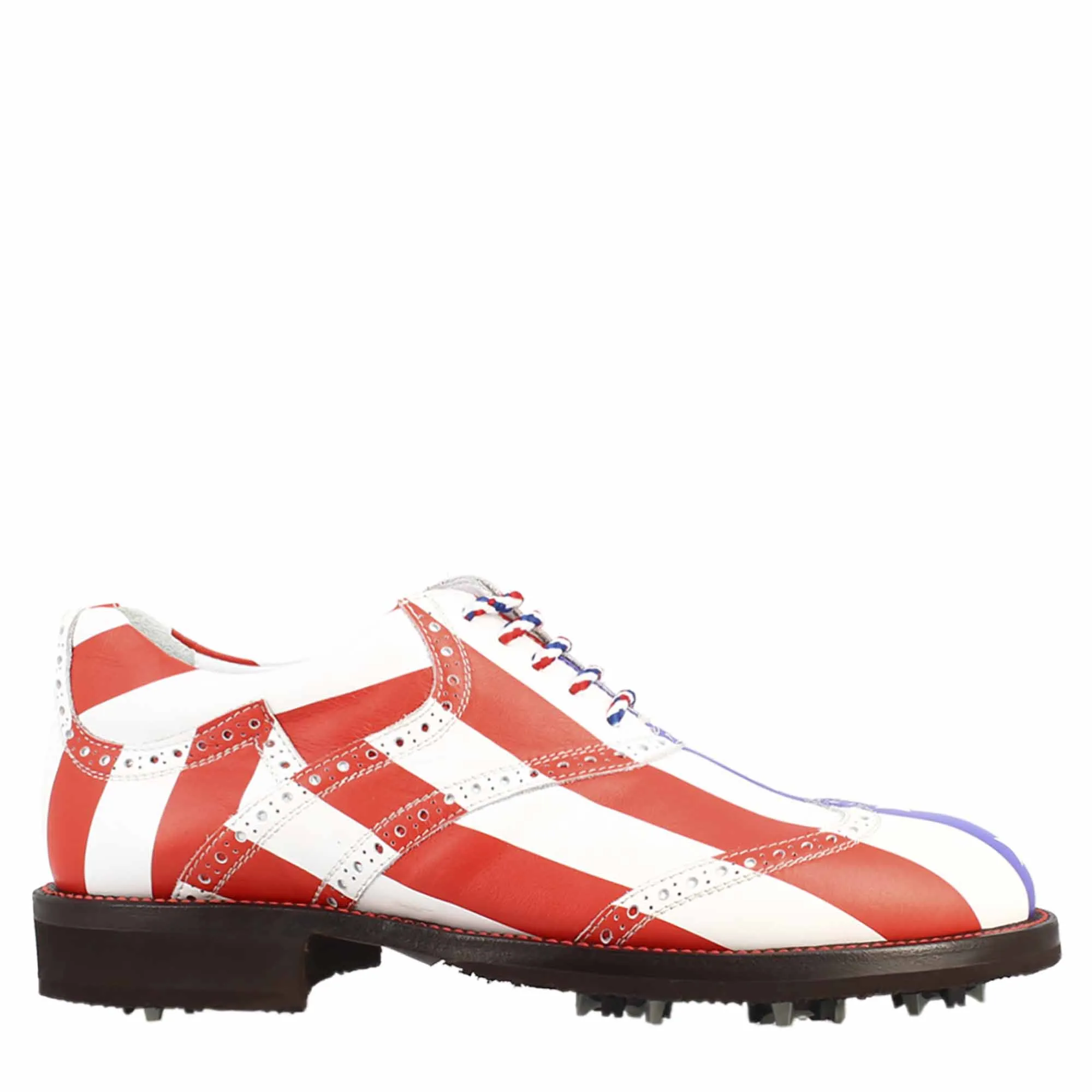 Scarpe da golf da donna blu rosso e bianco dettagli brogue artigianali in pelle