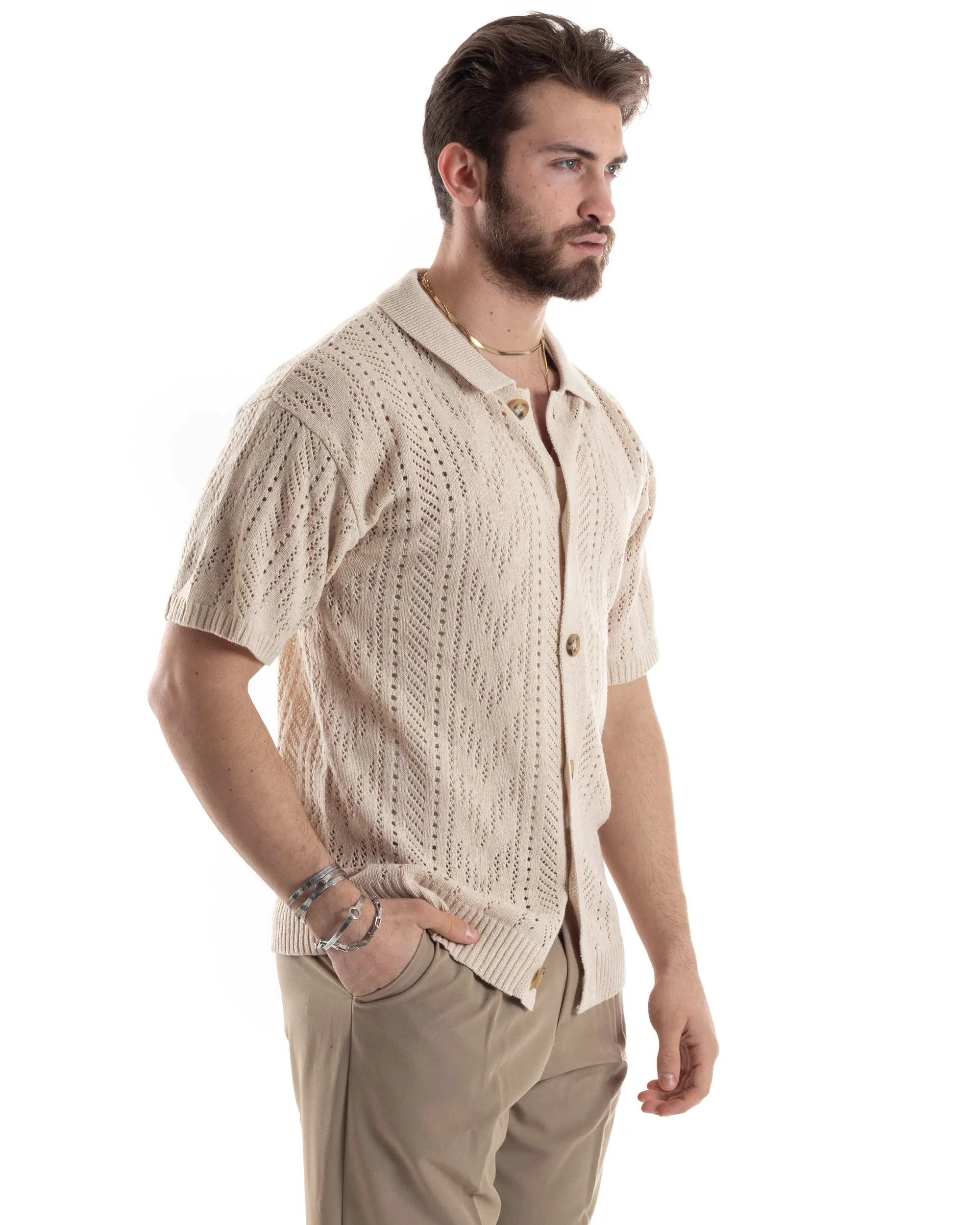 T-shirt Uomo Maglia Polo Traforata Ricamata Cardigan Manica Corta Con Bottoni Beige Casual GIOSAL-TS2997A