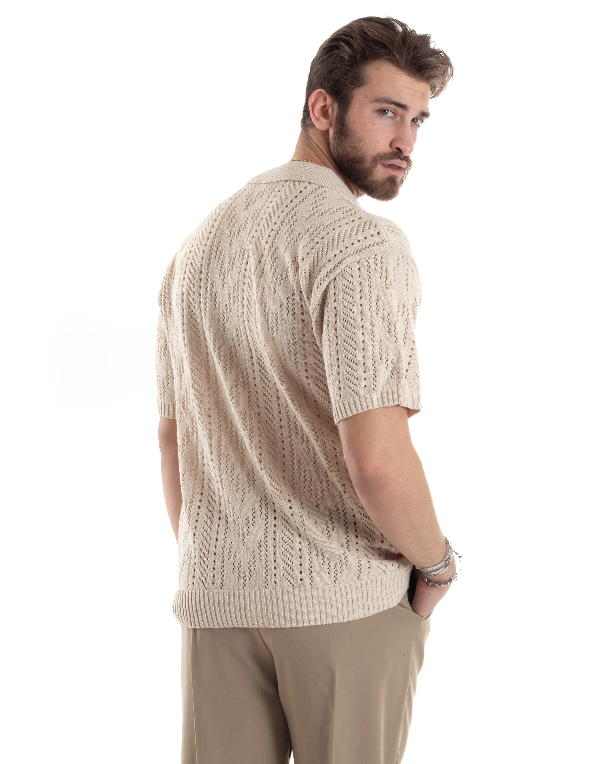 T-shirt Uomo Maglia Polo Traforata Ricamata Cardigan Manica Corta Con Bottoni Beige Casual GIOSAL-TS2997A