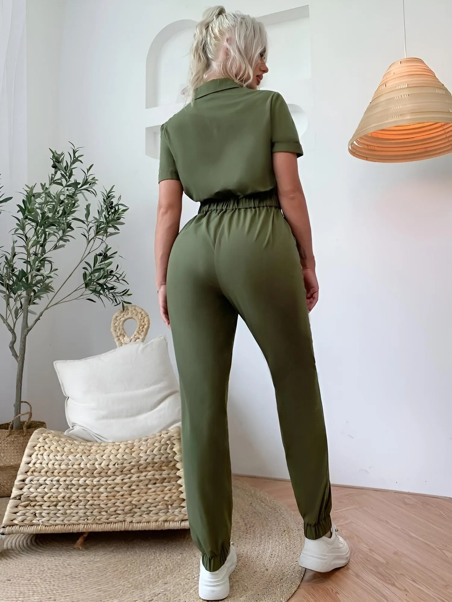 Tuta Donna Mezza Manica Cerniera Cintura Fiocco Pantalone Elastico Comodo