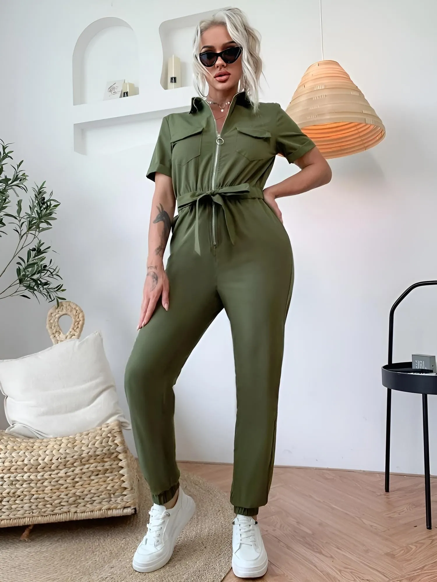 Tuta Donna Mezza Manica Cerniera Cintura Fiocco Pantalone Elastico Comodo